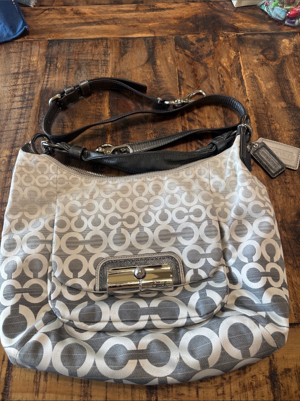 Coach Signature Gray & White Hobo Shoulder Bag with Black Trim
